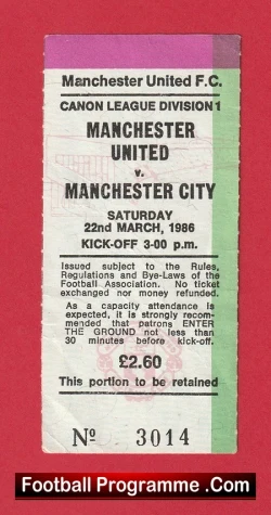 Manchester United v Manchester City 1986 - Football Match Ticket Stub - football memorabilia