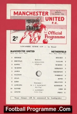 Manchester United v Netherfield 1968 - Lancashire Senior Cup - football programme