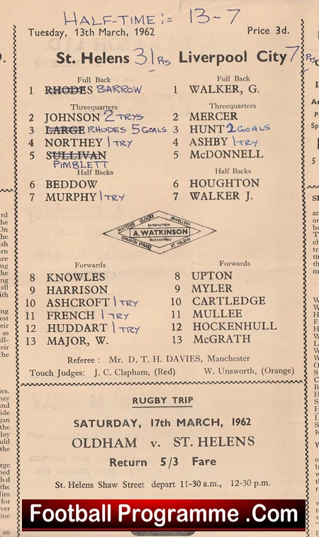 St Helens Rugby v Liverpool City 1962 - Old Rugby Programmes - Image 3
