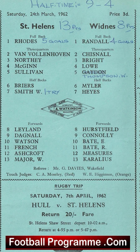 St Helens Rugby v Widnes 1962 - Old Rugby Programmes - Image 3