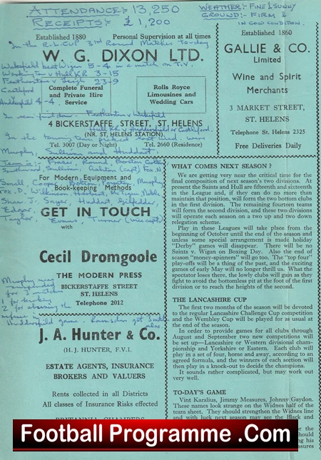 St Helens Rugby v Widnes 1962 - Old Rugby Programmes - Image 4