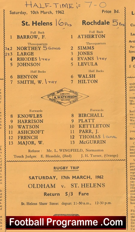 St Helens Rugby v Rochdale 1962 - Old Rugby Programmes - Image 3