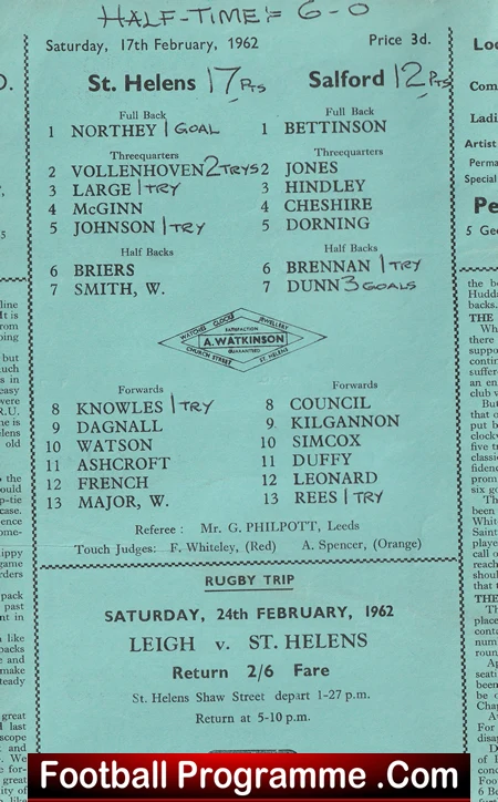 St Helens Rugby v Salford 1962 - Old Rugby Programmes - Image 3