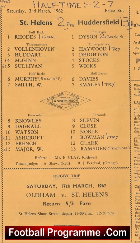 St Helens Rugby v Huddersfield 1962 - Old Rugby Programmes - Image 3