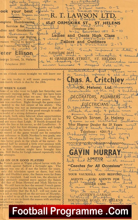 St Helens Rugby v Huddersfield 1962 - Old Rugby Programmes - Image 5