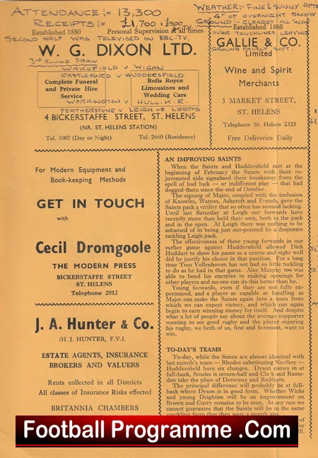 St Helens Rugby v Huddersfield 1962 - Old Rugby Programmes - Image 6