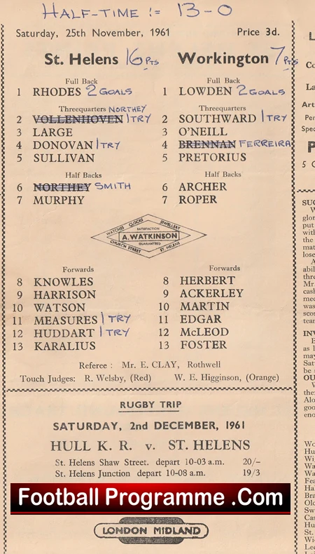 St Helens Rugby v Workington 1961 - Old Rugby Programmes - Image 3