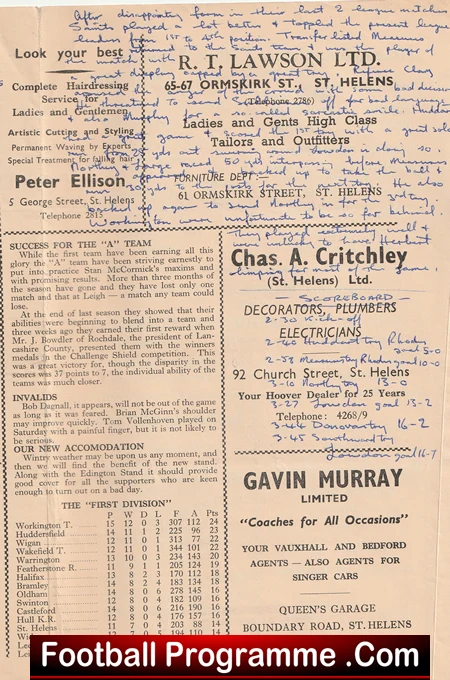 St Helens Rugby v Workington 1961 - Old Rugby Programmes - Image 5