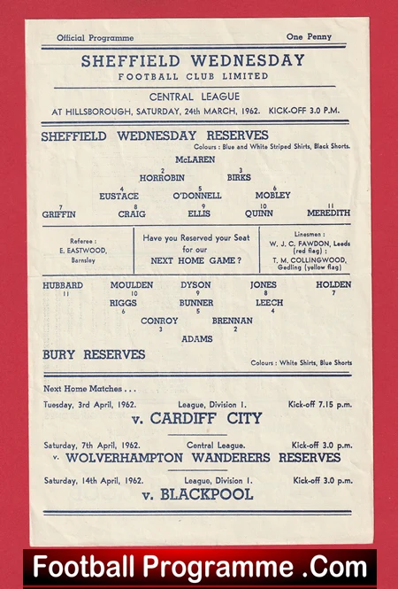 Sheffield Wednesday v Bury 1962 - Reserves Match - Image 2