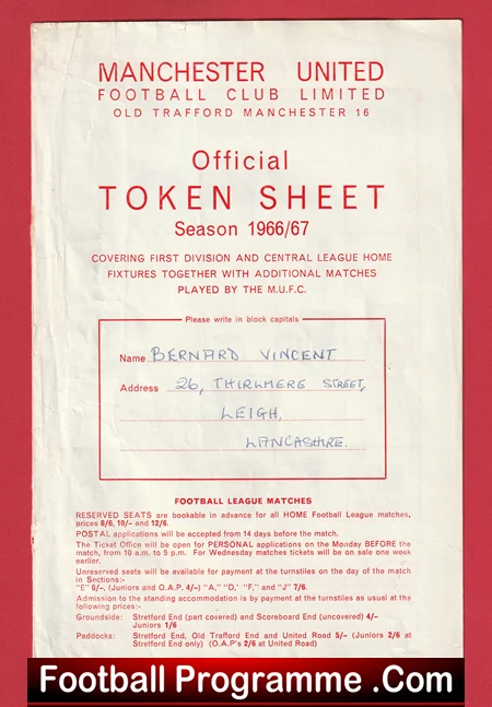 Manchester United Official Token Sheet 1966 - 1967 + Tokens - Image 2