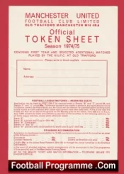 Manchester United Official Token Sheet 1974 – 1975 Second Division