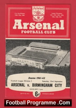 Arsenal v Birmingham City 1961 - football programme