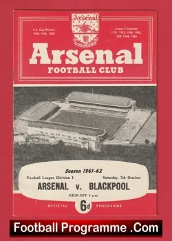 Arsenal v Blackpool 1961 - football programme