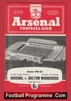 Arsenal v Bolton Wanderers 1962 - football programme