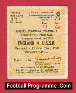 England v Russia 1958 - Match Ticket Wembley USSR - football memorabilia