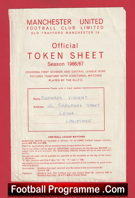 Manchester United Official Token Sheet 1966 - 1967 - Image 2