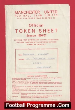 Manchester United Official Token Sheet 1966 - 1967 - football programme