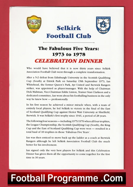 Selkirk Football Club Fabulous Five Years Celebration Dinner Programme 2006 - Image 3