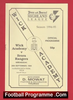 Wick Academy v Brora Rangers 1994 - Scotland - football programme