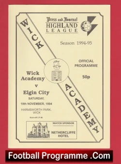 Wick Academy v Elgin City 1994 - Scotland - football programme