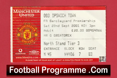 Manchester United v Ipswich Town 2001 - Football Ticket - Image 2