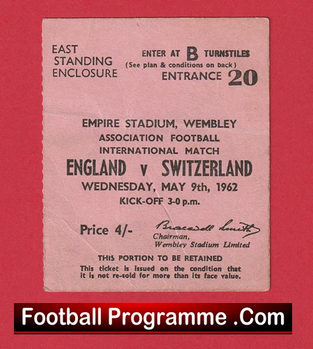 England v Switzerland 1962 - Football Ticket - Image 2