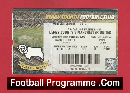 Derby County v Manchester United 1998 - Treble Season Match Ticket - Image 2
