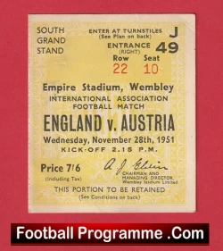England v Austria 1951 - Match Ticket 1950s - football memorabilia