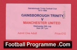 Gainsborough Trinity v Manchester United 1998 - Treble Season Pink Ticket - football memorabilia