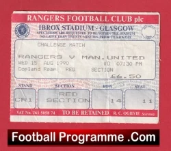 Glasgow Rangers v Manchester United 1990 - Friendly Match Ticket - football memorabilia