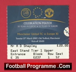 Manchester United Celebration Match 50 Years In Europe Football Ticket - football memorabilia