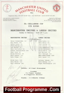 Manchester United v Leeds United 1995 - FAC Sheet Signed Jordan + Strachan - football programme