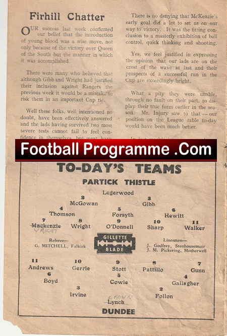 Partick Thistle v Dundee 1949 - 1940s Scotland - football programme