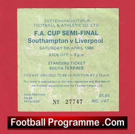 Southampton v Liverpool 1986 - FA Cup Semi Final Ticket - Image 2