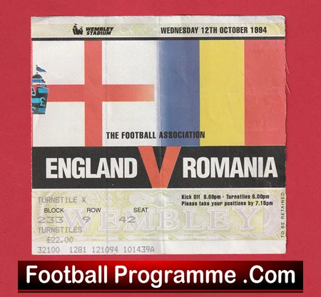 England v Romania 1994 - Match Ticket - Image 2