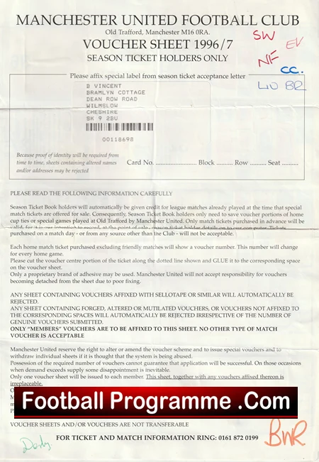 Manchester United Voucher sheet 1996/97 + some vouchers - Image 2