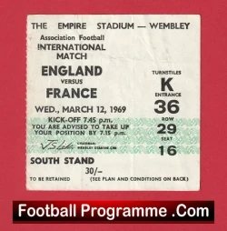 England v France 1969 - Match Ticket - football memorabilia