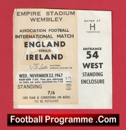 England v Ireland 1967 - Match Ticket - football memorabilia