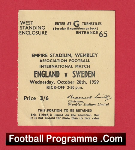 England v Sweden 1959 - Match Ticket - Image 2