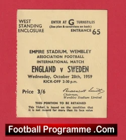England v Sweden 1959 - Match Ticket - football memorabilia