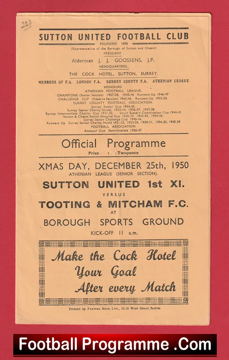 Sutton United v Tooting Mitcham 1950 - Brough Sports Ground - football programme