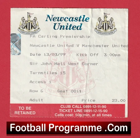 Newcastle United v Manchester United 1999 - Treble Season Match Ticket - Image 2