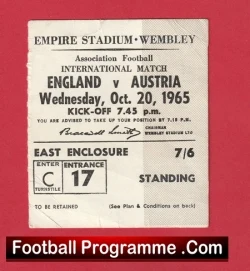 England v Austria 1965 - Football Match Ticket - football memorabilia