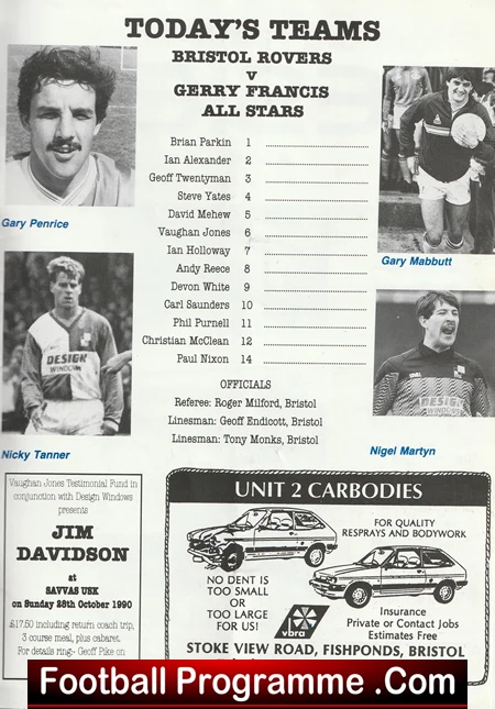 Vaugham Jones Testimonial Benefit Match Bristol Rovers 1990 - Multi Signed - Image 3