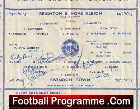 Brighton Hove Albion v Swindon Town 1955 - Multi Signed Autographed - Image 3