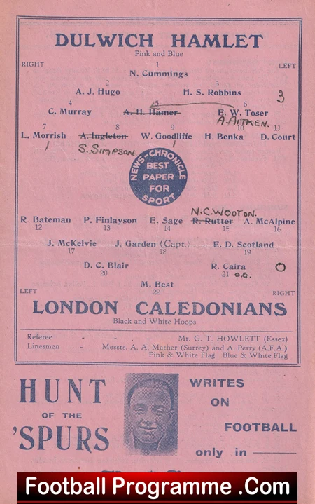 Dulwich Hamlet v London Caledonians 1935 - 1930s Old Programmes - Image 3