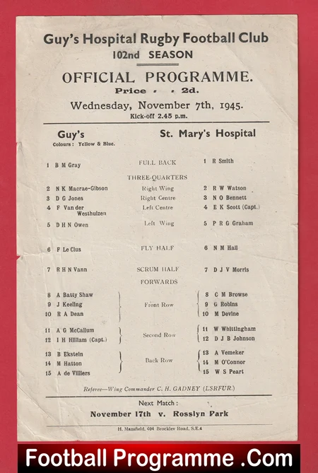 Guys Hospital Rugby v St Marys Hospital 1944 - Rugby Match - Image 2