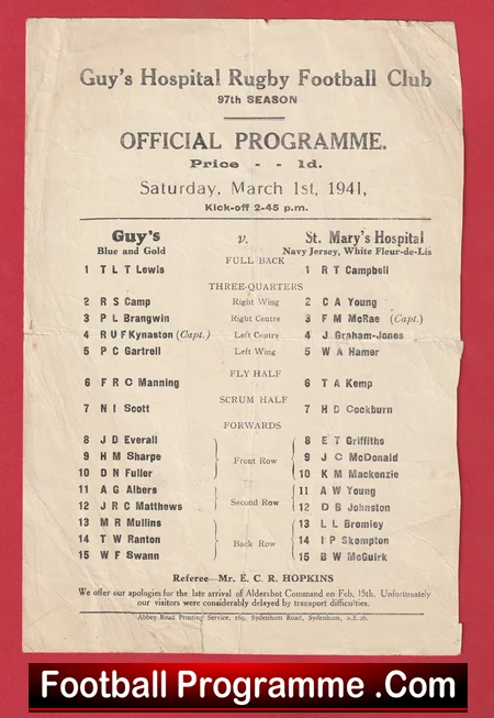 Guys Hospital Rugby v St Marys Hospital 1941 - Rugby Match - Image 2