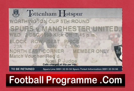 Tottenham Hotspur v Manchester United 1998 Treble Season LG Cup Ticket - Image 2