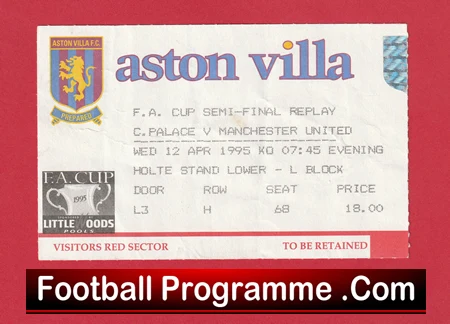 Manchester United v Crystal Palace 1995 - FA Cup Semi Final Replay Ticket - Image 2